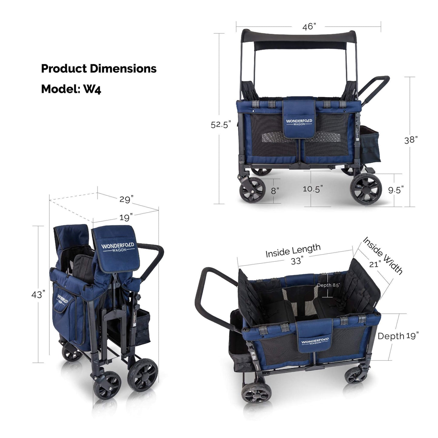W4 Original Quad Stroller Wagon - Product Dimensions Image of Wagon Blue
