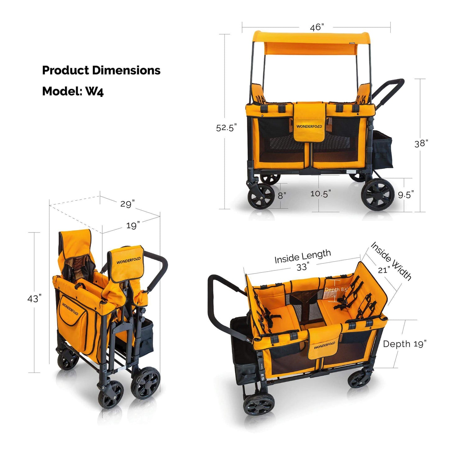 W4 Original Quad Stroller Wagon - Product Dimensions Image of Wagon Orange