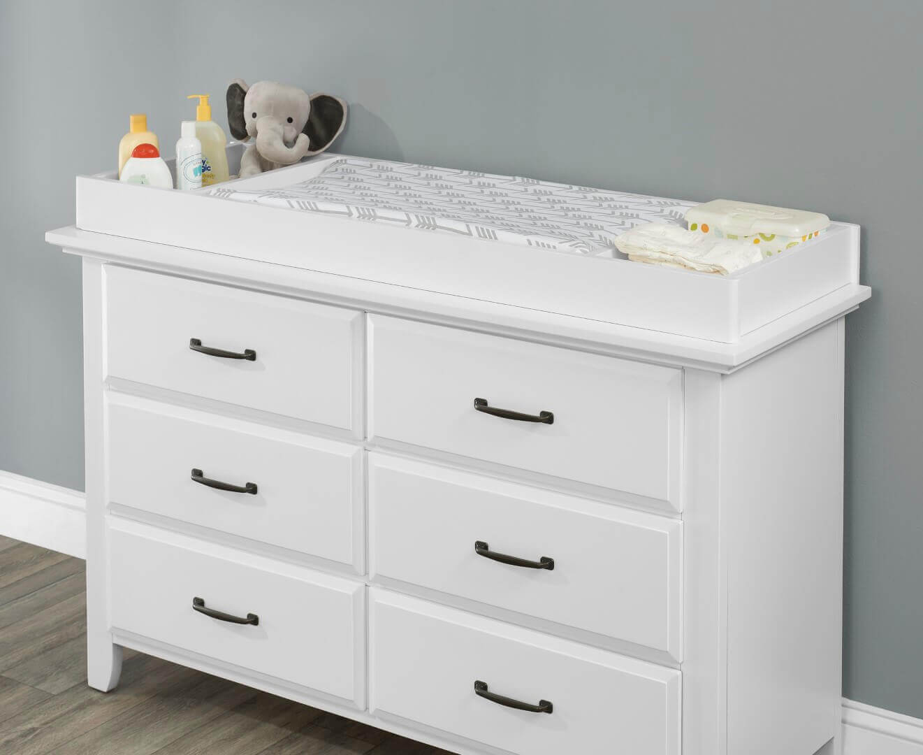 Willowbrook 6 Drawer Dresser - Lifestyle Image Top Inclined Side View of Willowbrook 6 Drawer Dresser White