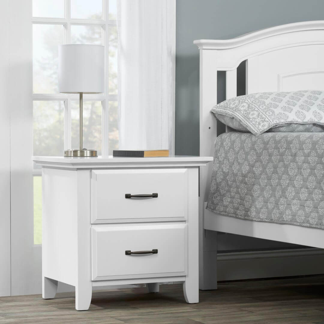 Willowbrook 2 Drawer Nightstand - Lifestyle Image Inclined Side View of Willowbrook 2 Drawer Nightstand White