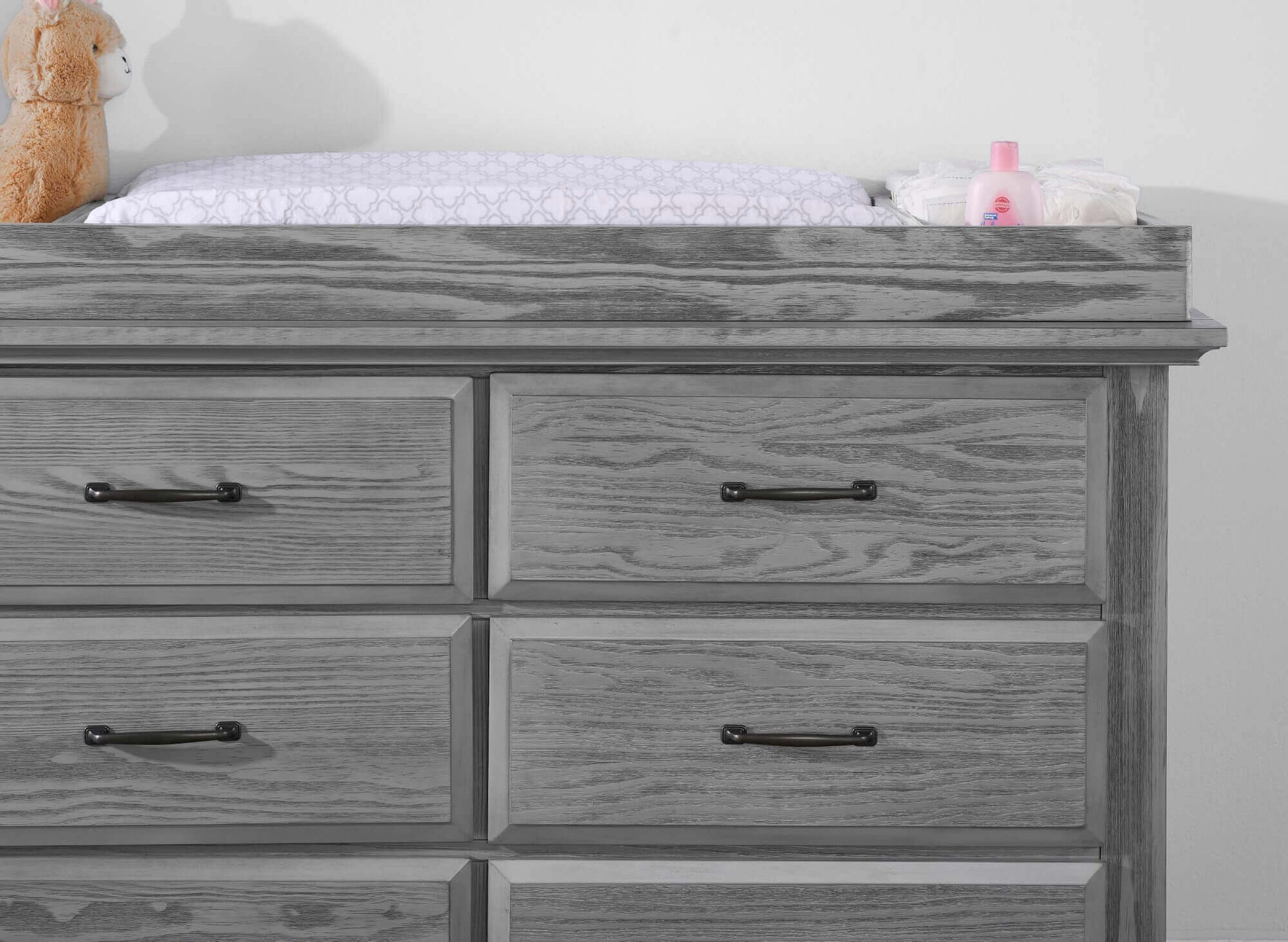 Willowbrook 6 Drawer Dresser - Zoomed Lifestyle Image Front View of Willowbrook 6 Drawer Dresser Graphite Gray