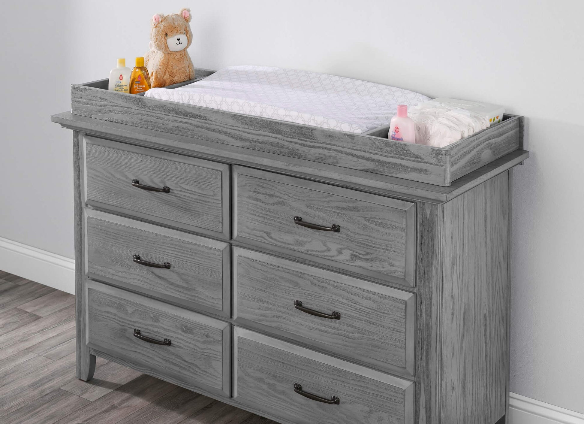 Willowbrook 6 Drawer Dresser - Lifestyle Image Top Inclined Side View of Willowbrook 6 Drawer Dresser Graphite Gray