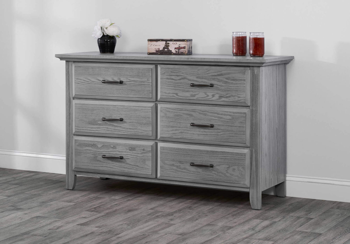 Willowbrook 6 Drawer Dresser - Lifestyle Image Inclined Side View of Willowbrook 6 Drawer Dresser Graphite Gray