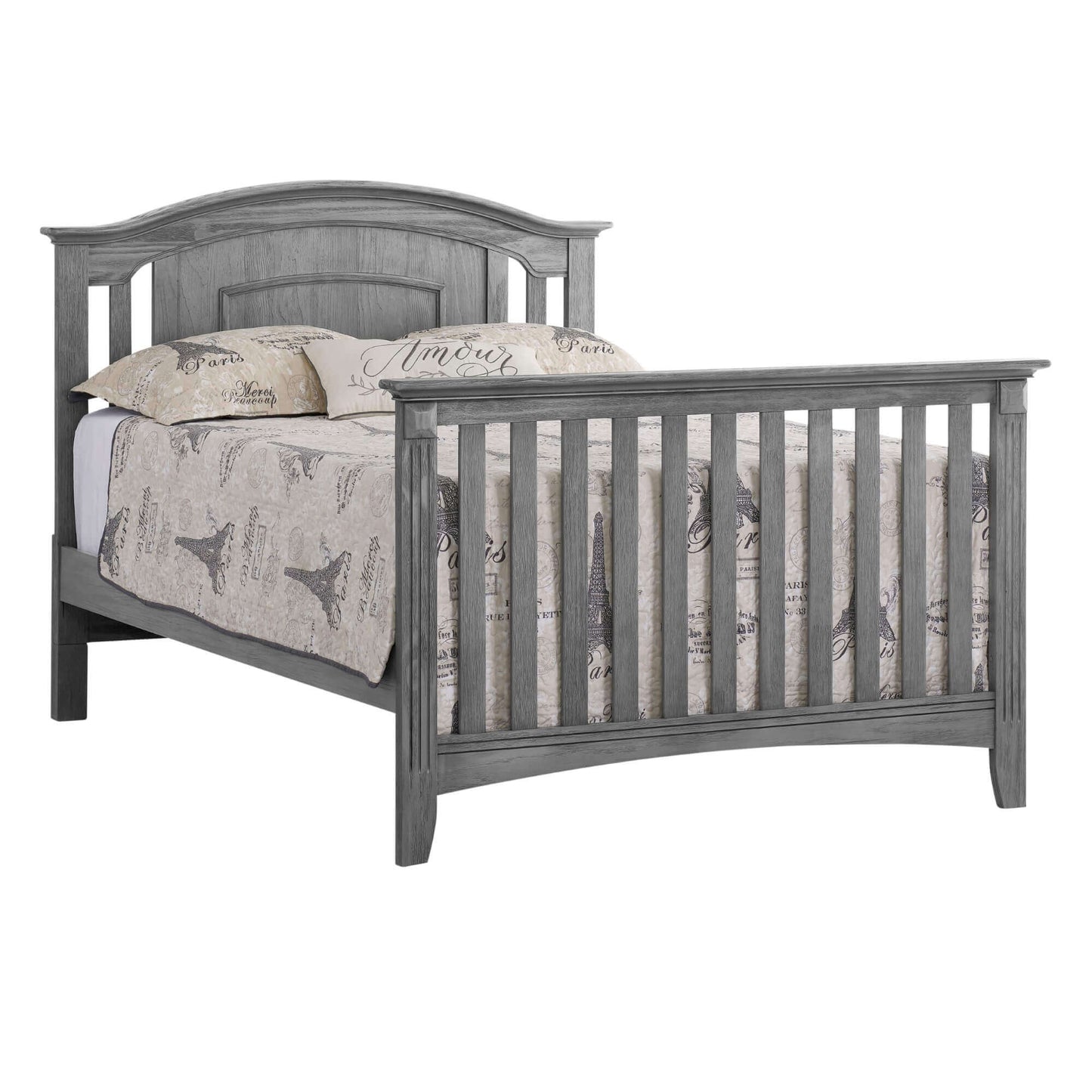 Willowbrook 4-in-1 Convertible Crib - Inclined Side View of Willowbrook Full Sized Bed Graphite Gray