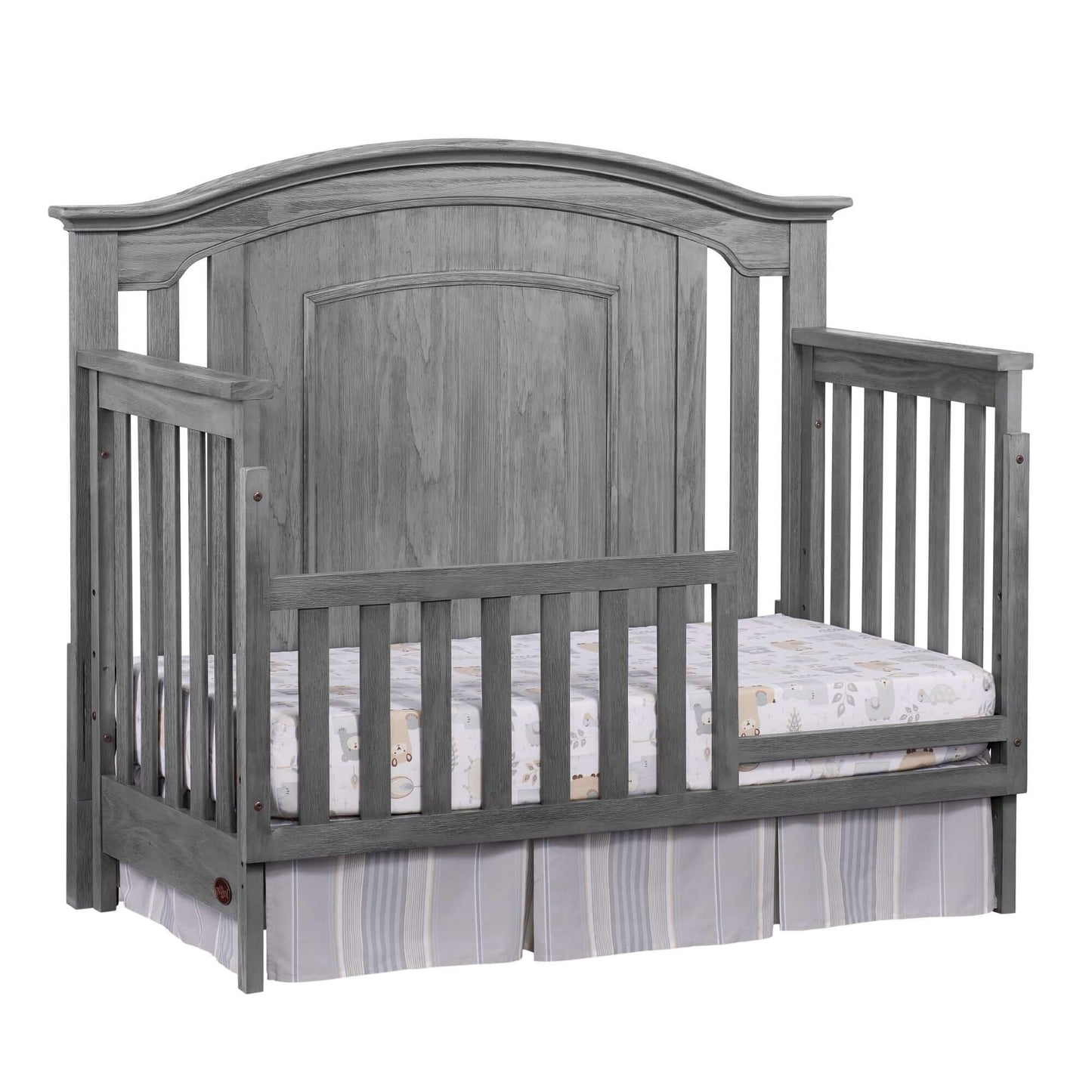 Willowbrook 4-in-1 Convertible Crib - Inclined Side View of Willowbrook 4-in-1 Convertible Crib Graphite Gray with Guard Rail