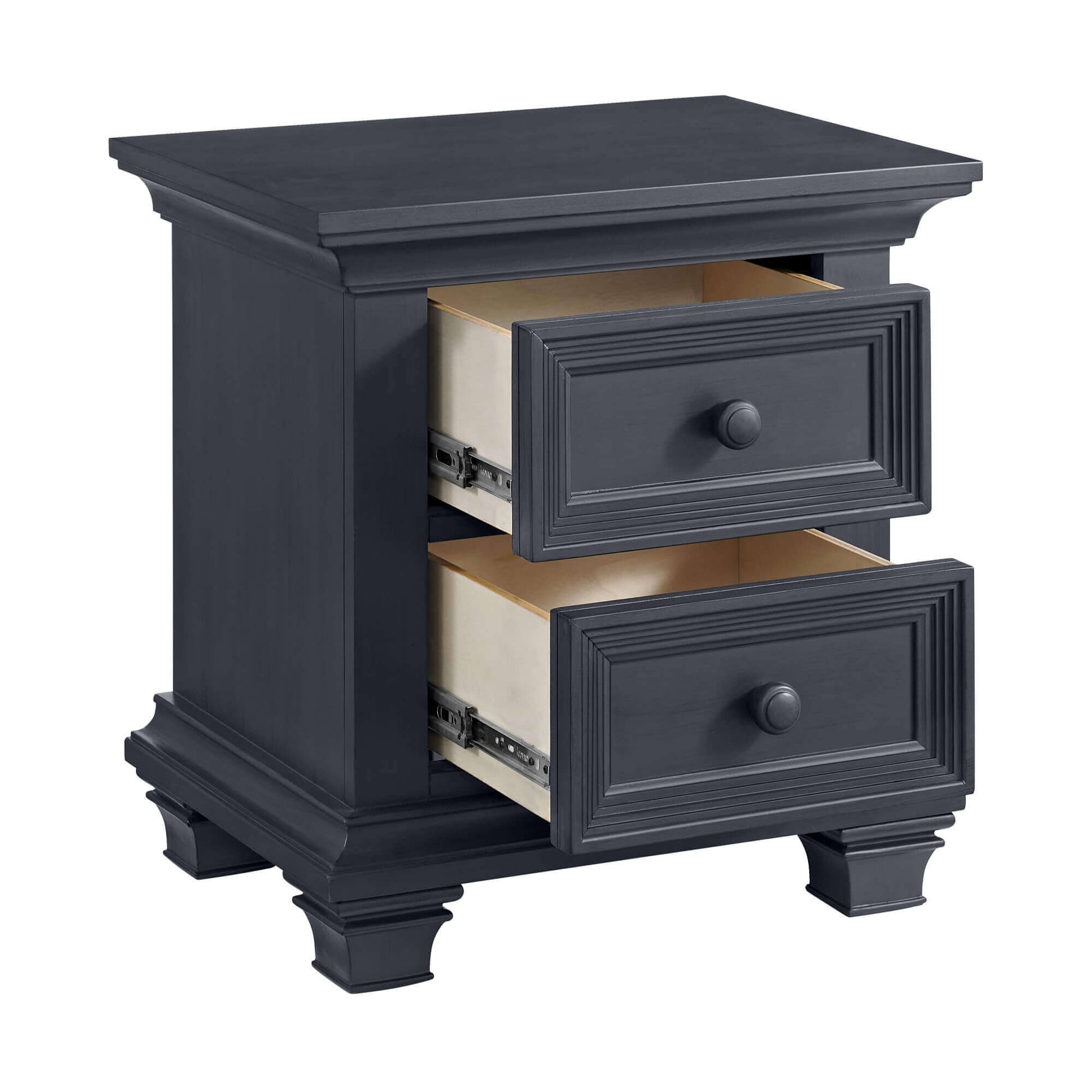 Weston Nightstand - Inclined Side View of Open Drawer Weston Nightstand Midnight Slate
