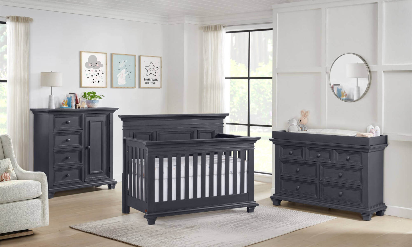 Weston 4 In 1 Convertible Crib - Lifestyle Image Inclined Side View of Weston 4 In 1 Convertible Crib Midnight Slate