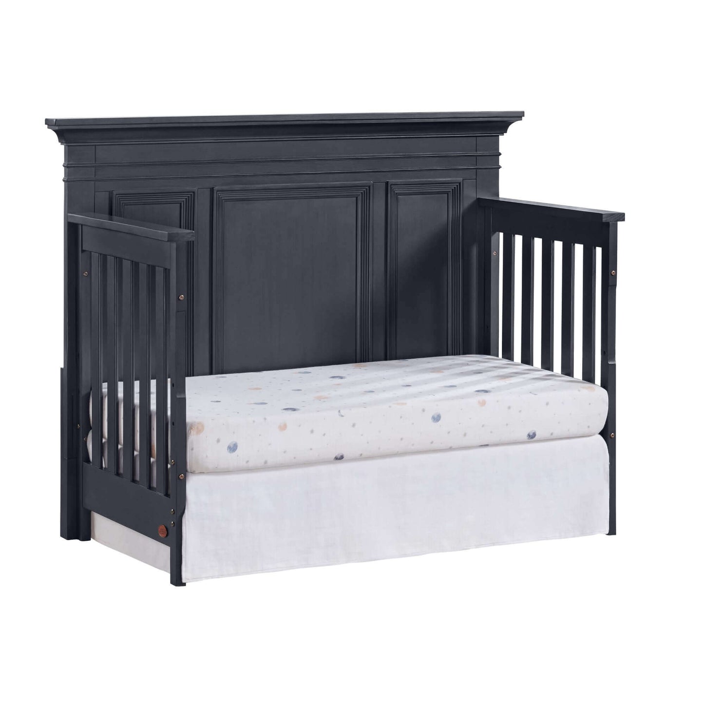 Weston 4 In 1 Convertible Crib - Inclined Side View of Weston 4 In 1 Convertible Crib with Guard Rail Midnight Slate