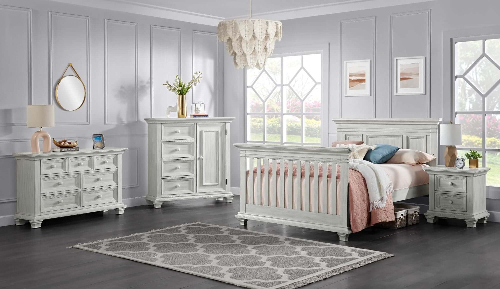 Weston 4 In 1 Convertible Crib - Lifestyle Image Inclined Side View of Weston Full Sized Bed Vintage White