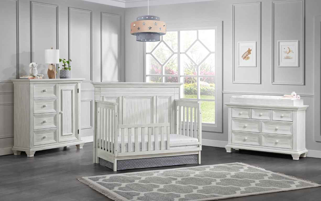Weston 7 Drawer Dresser - Lifestyle Image Inclined Side View of Weston & Drawer Dresser and Chifferobe Vintage White