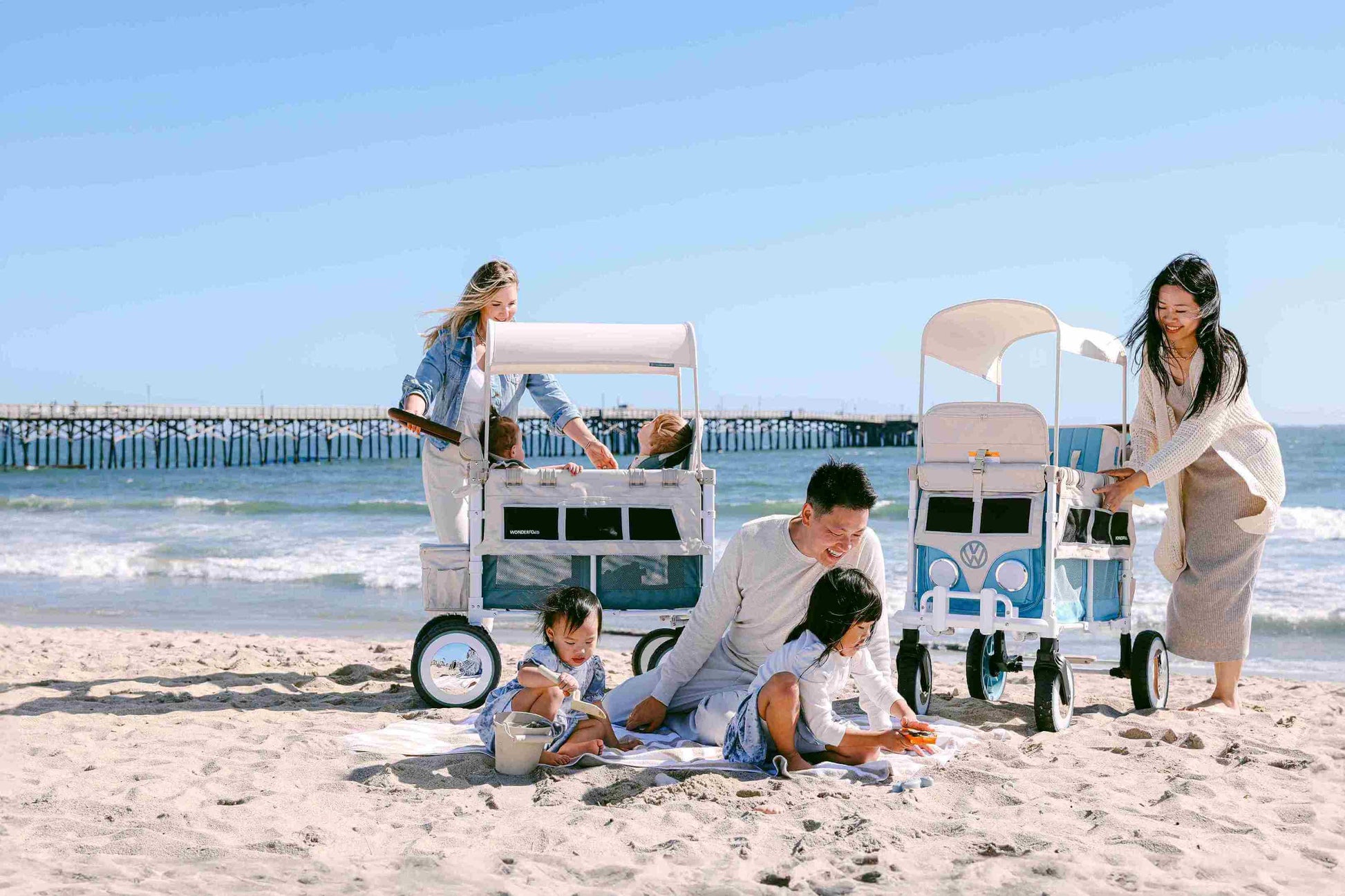 VW2 Volkswagen Stroller Wagon - Lifestyle Image Inclined Side View of Wagon Blue and Green