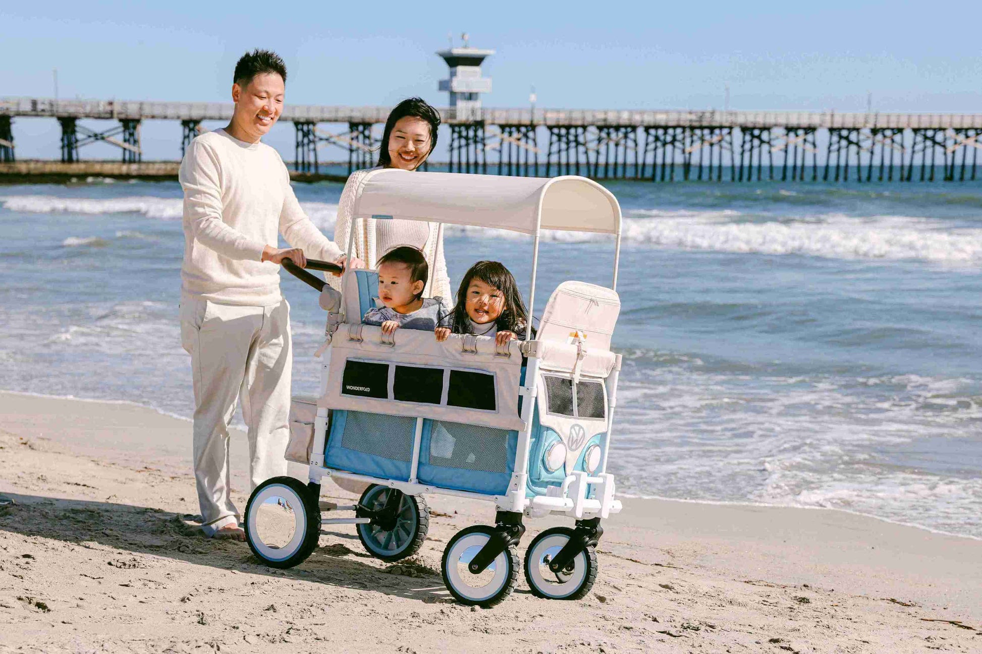 VW2 Volkswagen Stroller Wagon - Lifestyle Image Inclined Front View of Wagon Blue