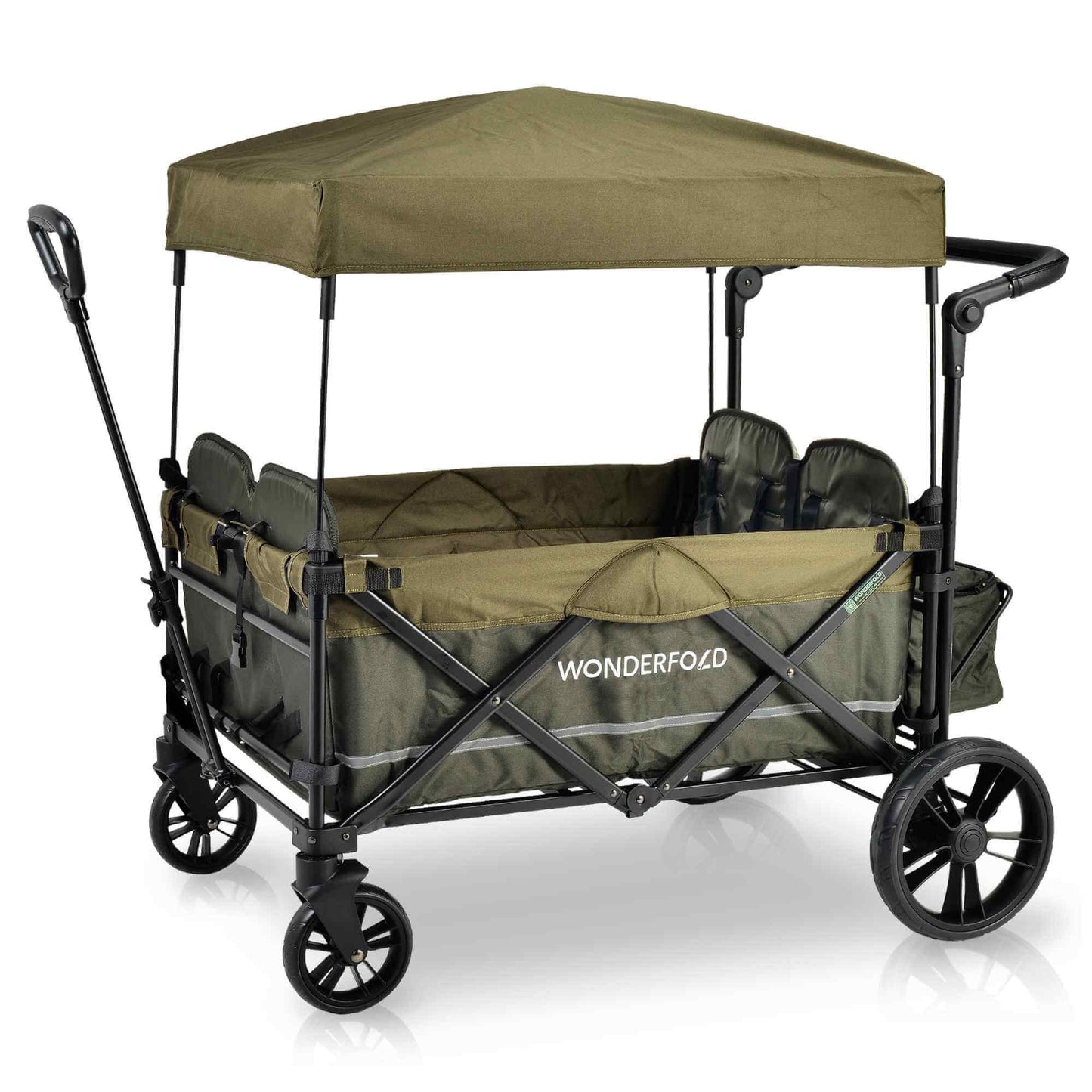 X4 Push + Pull Quad Stroller Wagon - Inclined Side View of X4 Push + Pull Quad Stroller Wagon Green