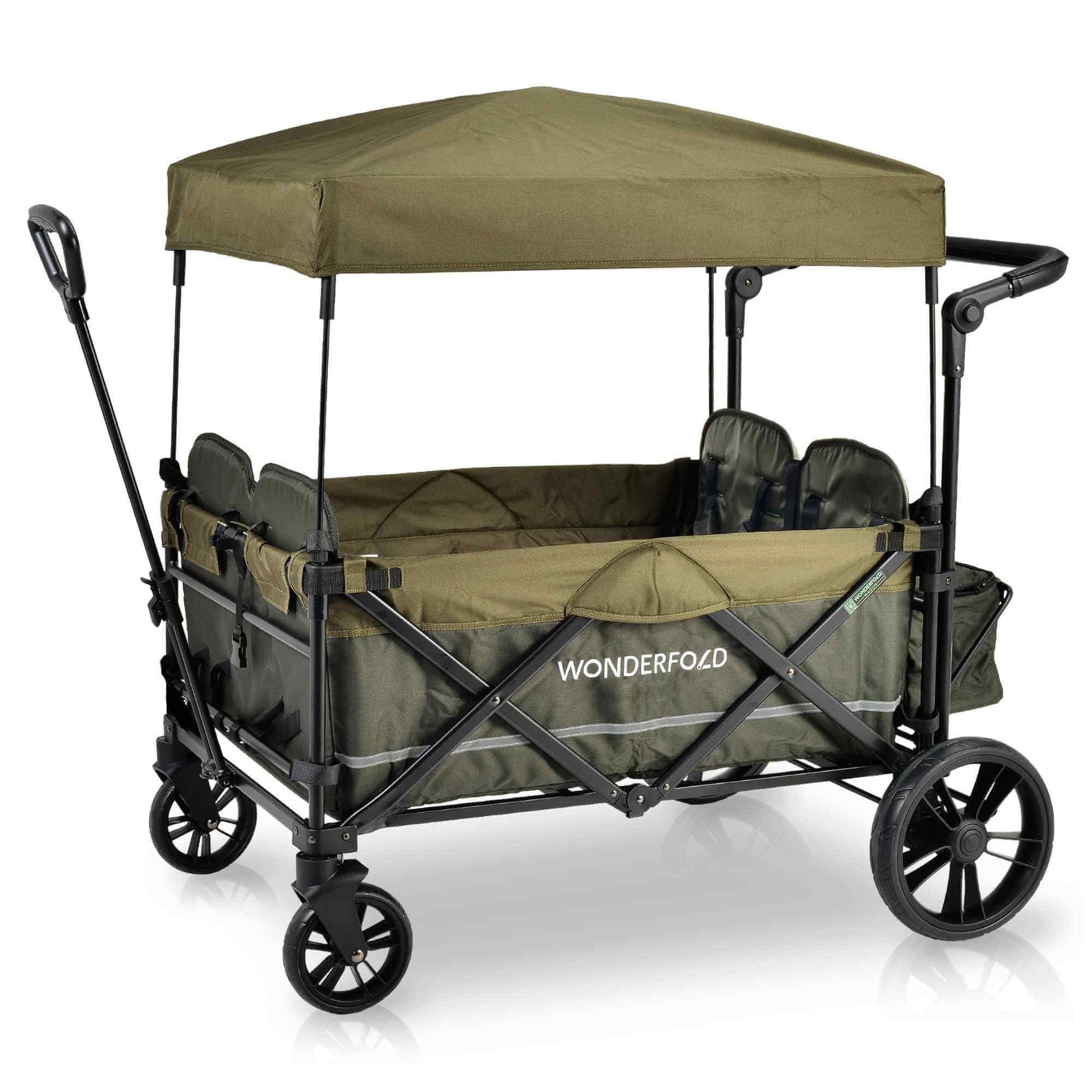 X4 Push + Pull Quad Stroller Wagon - Inclined Side View of X4 Push + Pull Quad Stroller Wagon Green