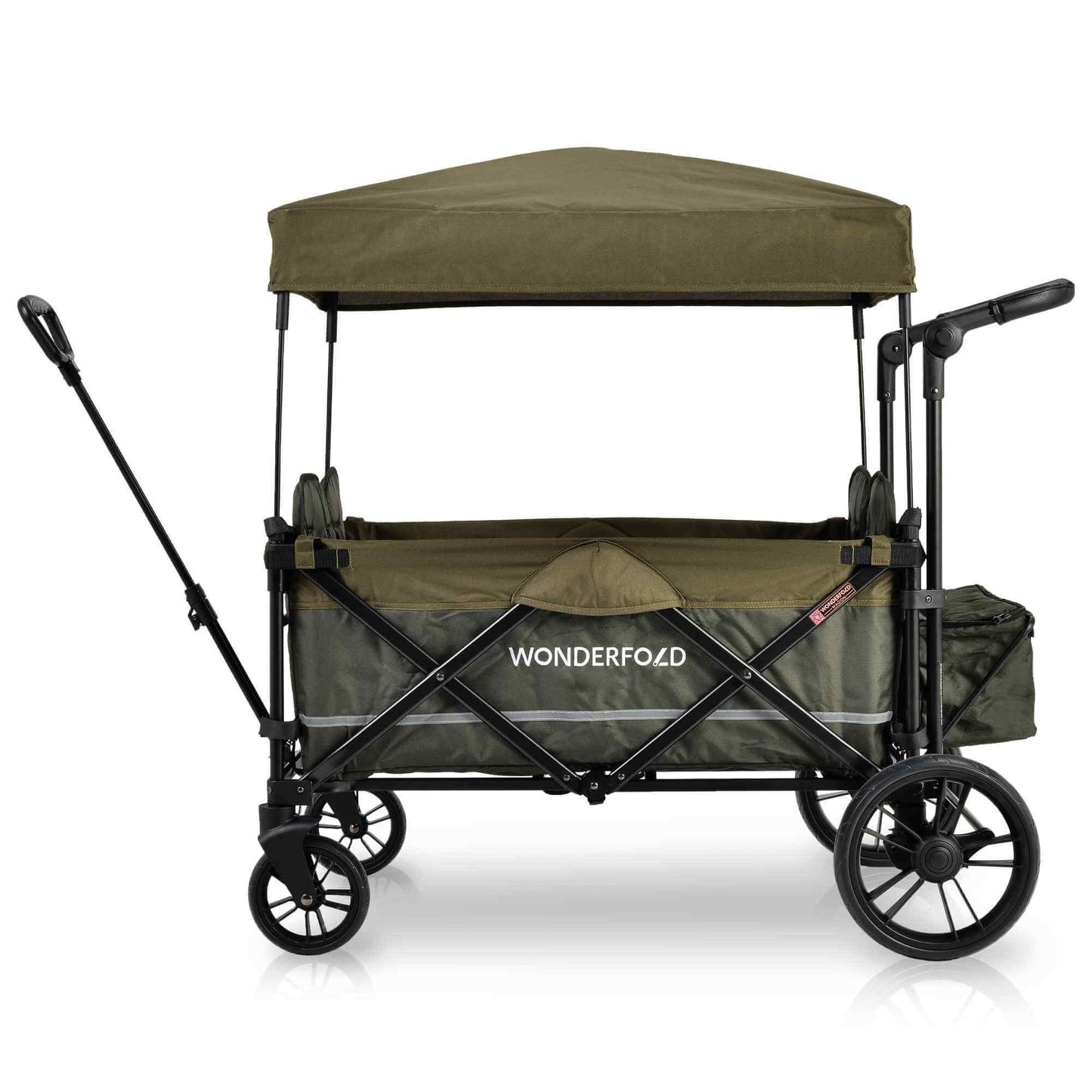 X4 Push + Pull Quad Stroller Wagon - Side View of X4 Push + Pull Quad Stroller Wagon Green