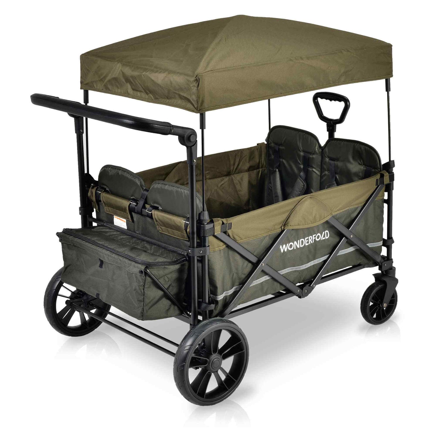 X4 Push + Pull Quad Stroller Wagon - Inclined Rear View of X4 Push + Pull Quad Stroller Wagon Green