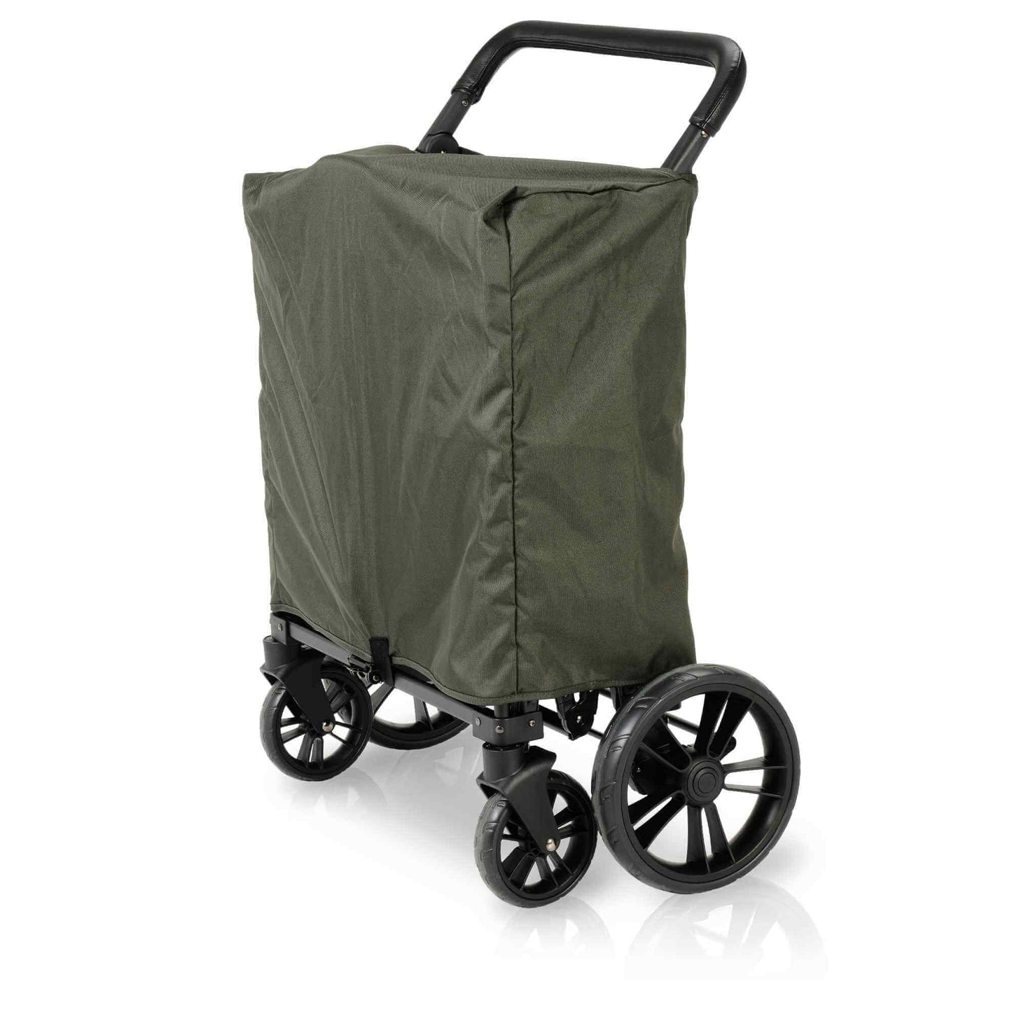 X4 Push + Pull Quad Stroller Wagon - Inclined Side View of Folded X4 Push + Pull Quad Stroller Wagon Green