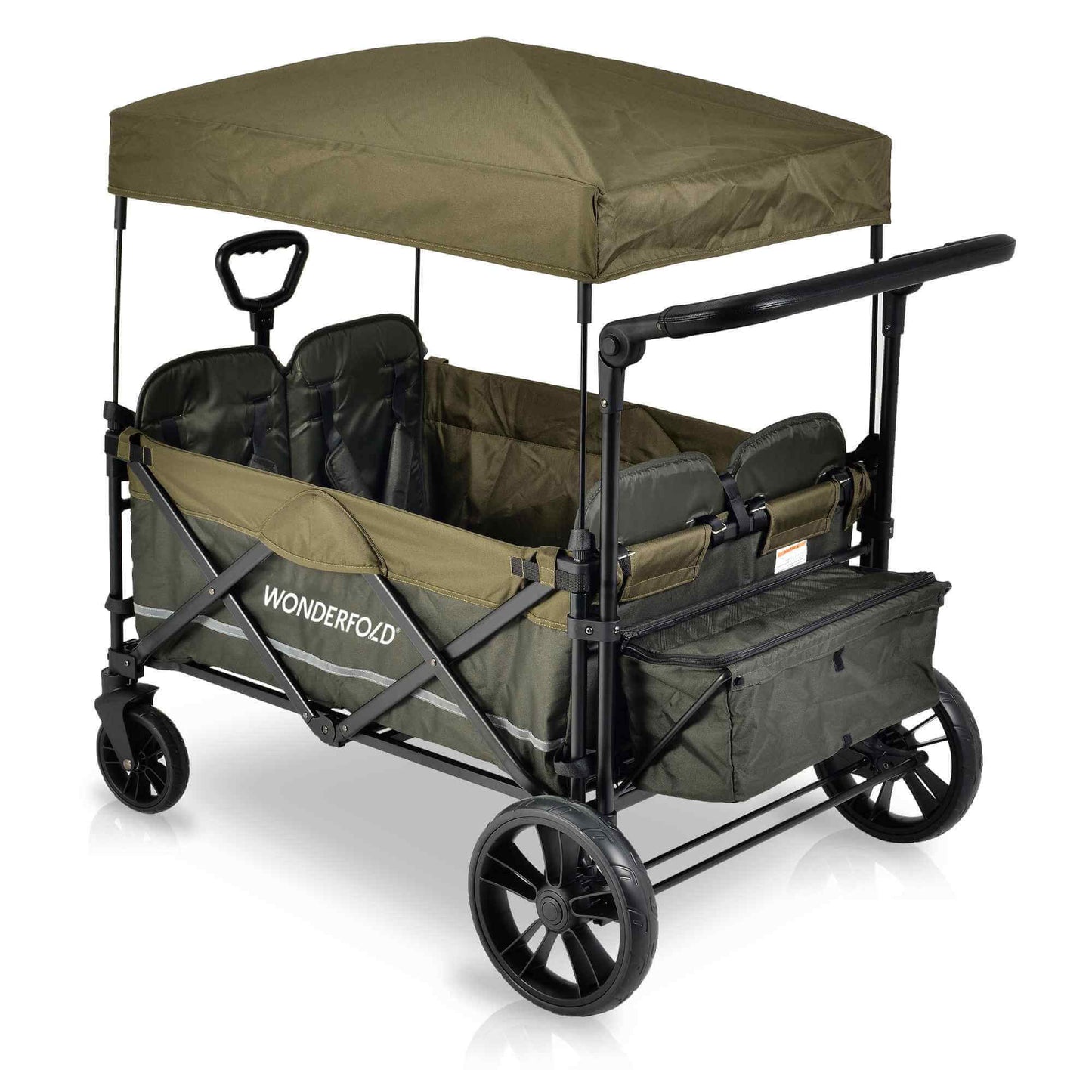 X4 Push + Pull Quad Stroller Wagon - Inclined Rear View of X4 Push + Pull Quad Stroller Wagon Green
