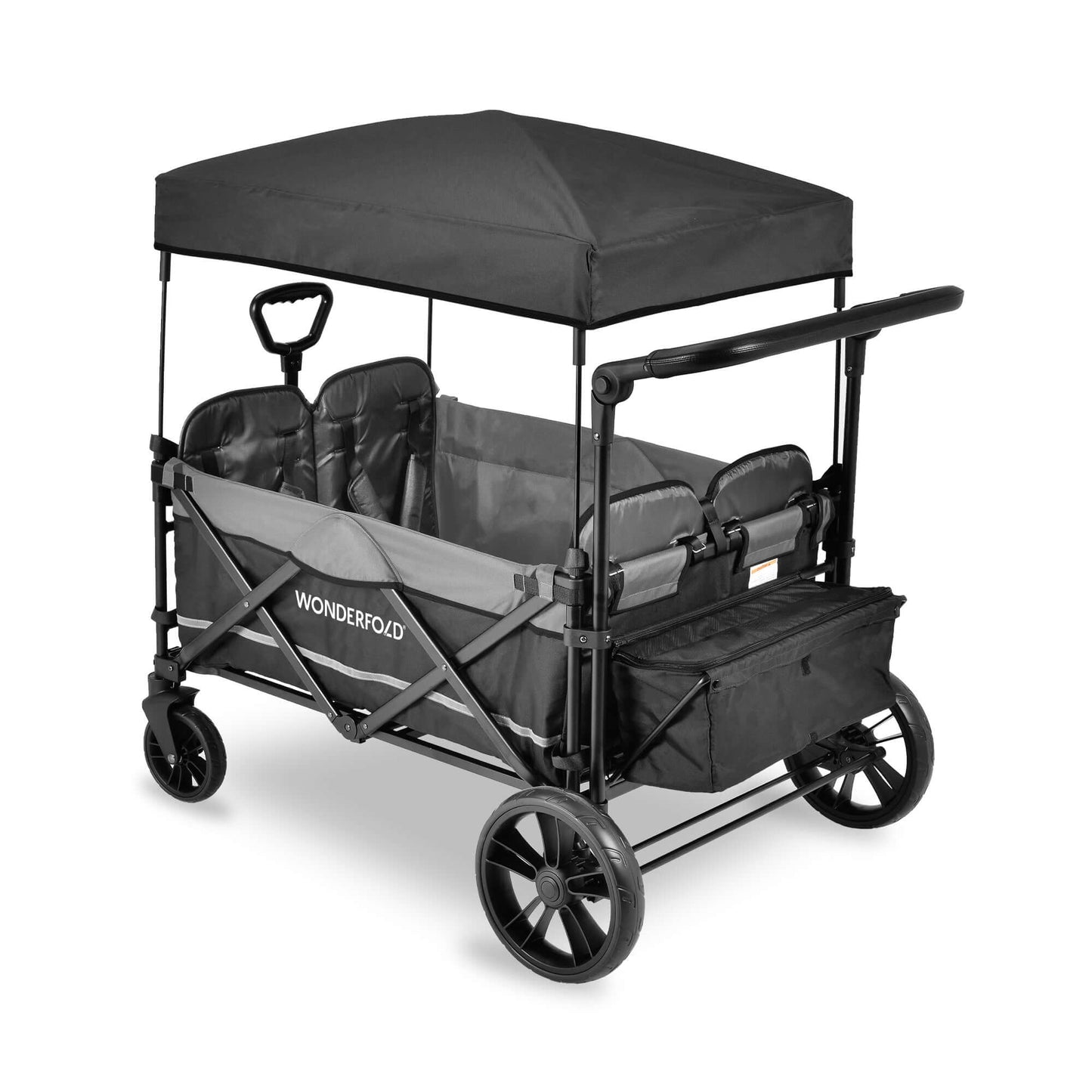 X4 Push + Pull Quad Stroller Wagon - Inclined Rear View of X4 Push + Pull Quad Stroller Wagon Gray