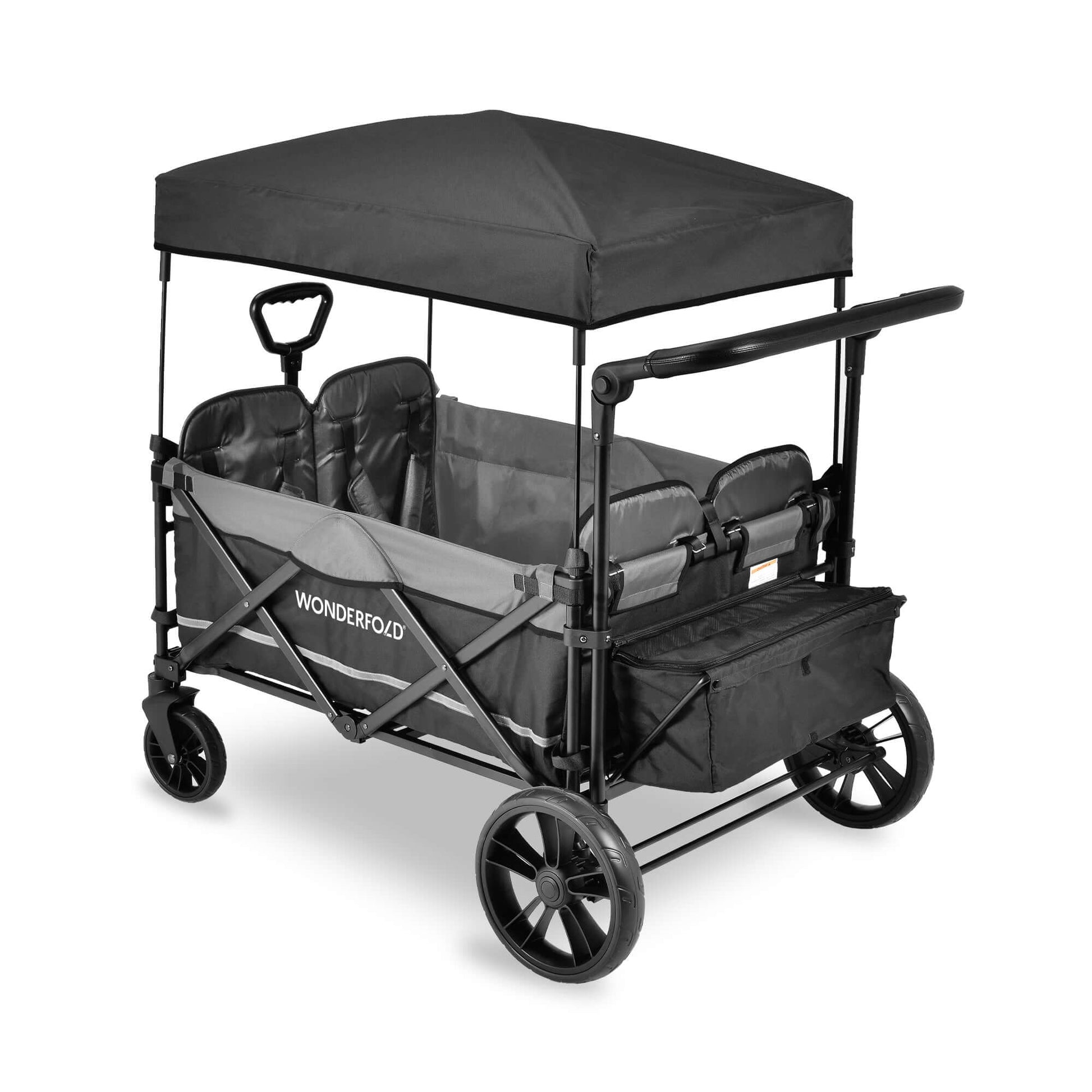 X4 Push + Pull Quad Stroller Wagon - Inclined Rear View of X4 Push + Pull Quad Stroller Wagon Gray