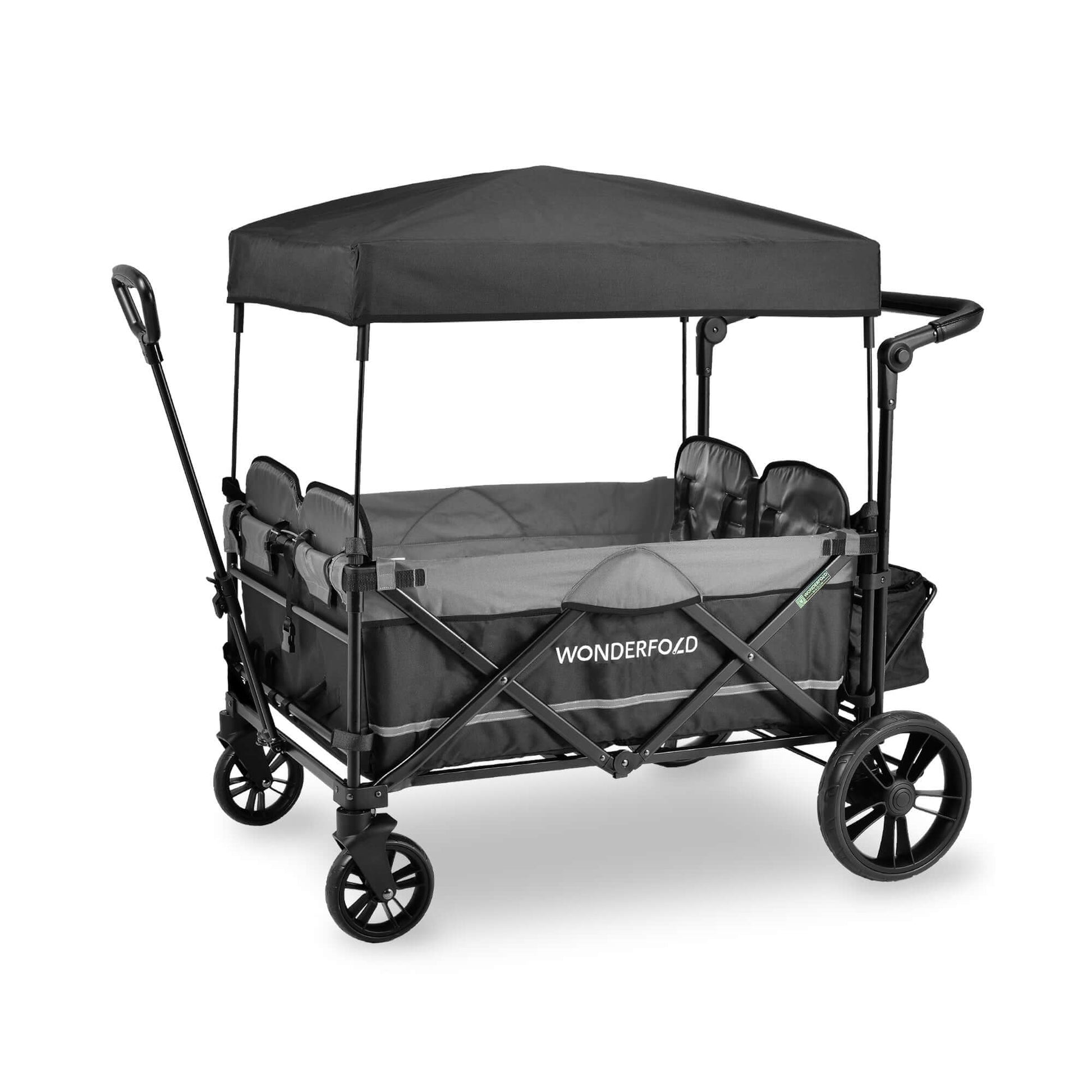 X4 Push + Pull Quad Stroller Wagon - Inclined Front View of X4 Push + Pull Quad Stroller Wagon Gray