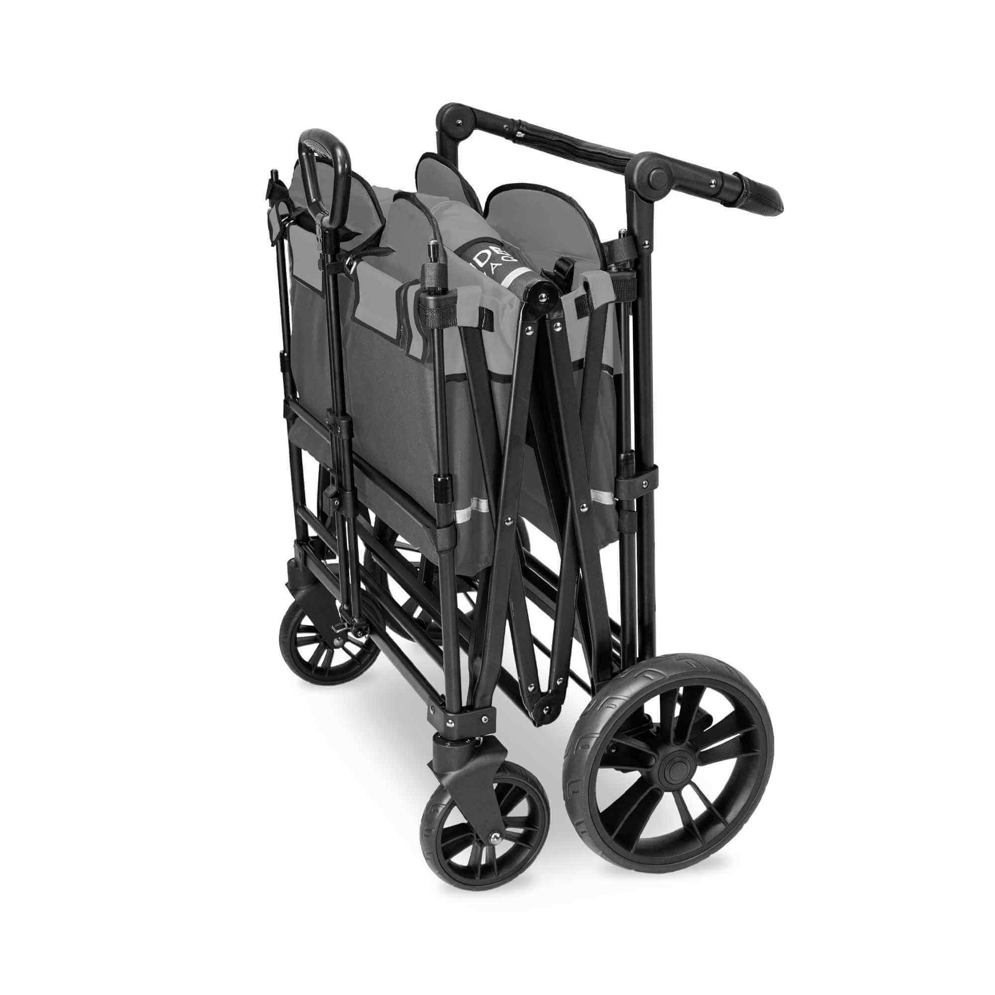 X4 Push + Pull Quad Stroller Wagon - Inclined Side View of Folded X4 Push + Pull Quad Stroller Wagon Gray
