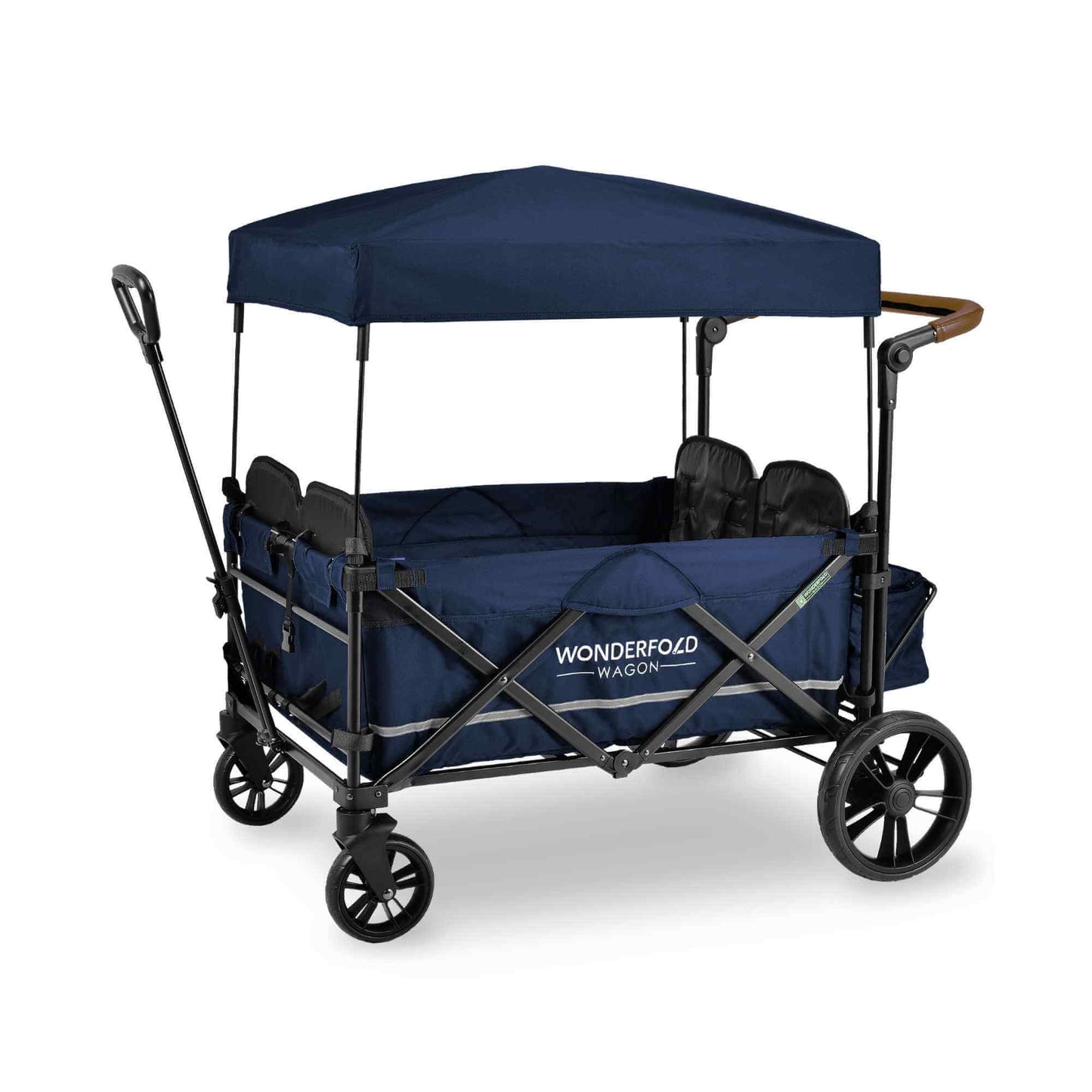 X4 Push + Pull Quad Stroller Wagon - Inclined Side View of X4 Push + Pull Quad Stroller Wagon Navy