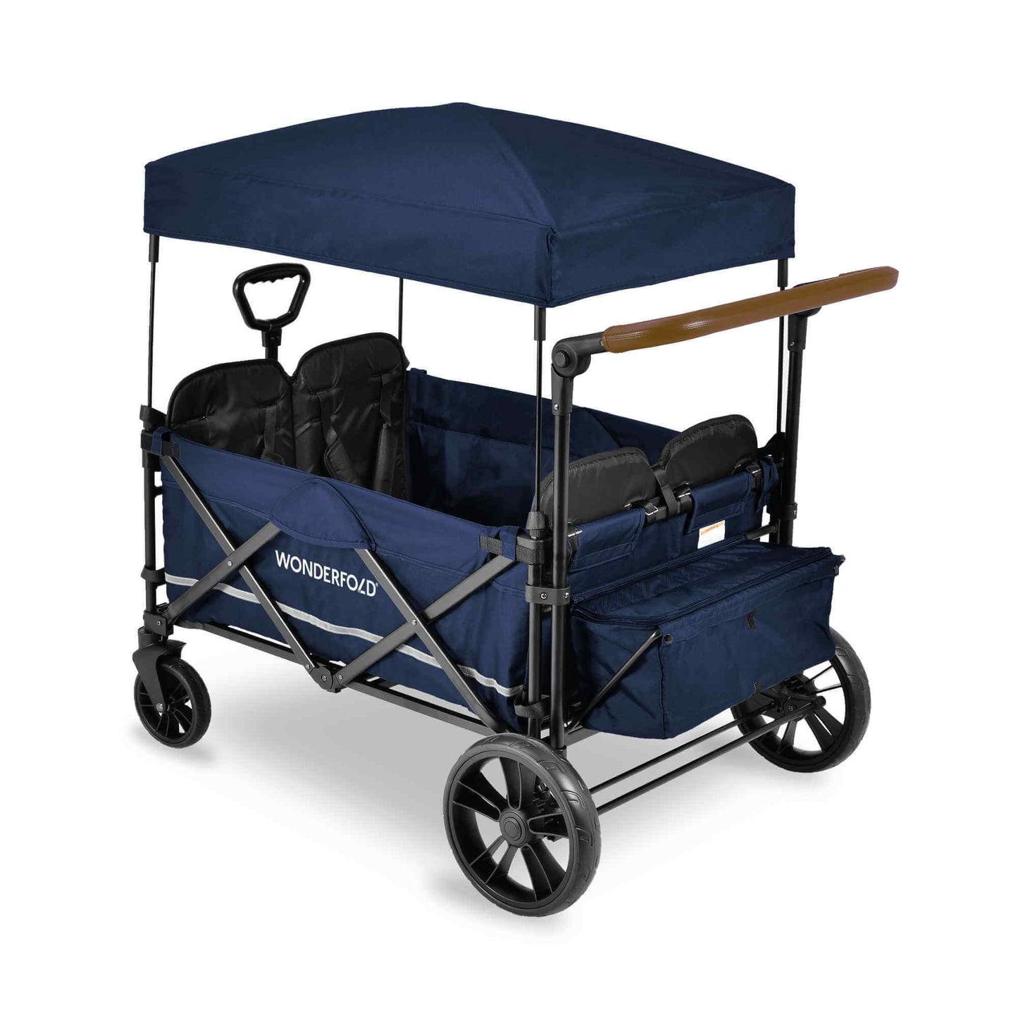 X4 Push + Pull Quad Stroller Wagon - Inclined Rear View of X4 Push + Pull Quad Stroller Wagon Navy