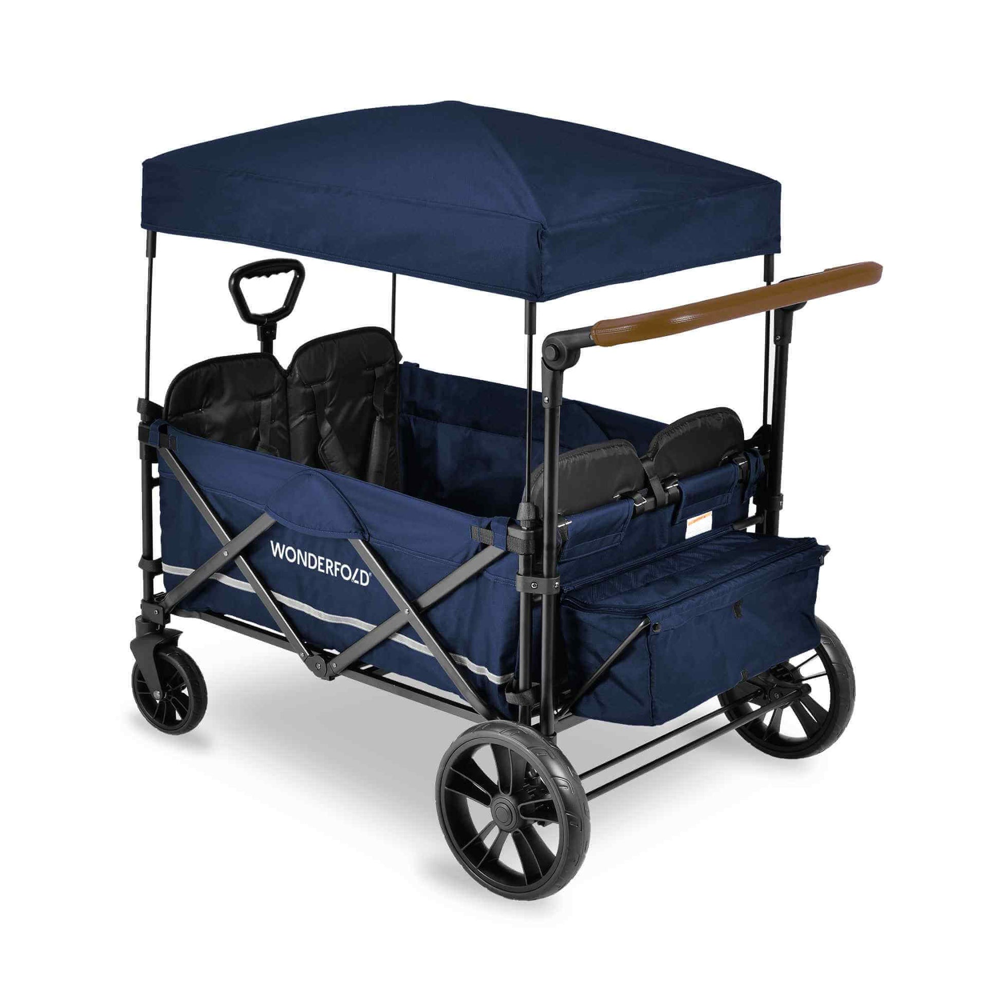 X4 Push + Pull Quad Stroller Wagon - Inclined Rear View of X4 Push + Pull Quad Stroller Wagon Navy