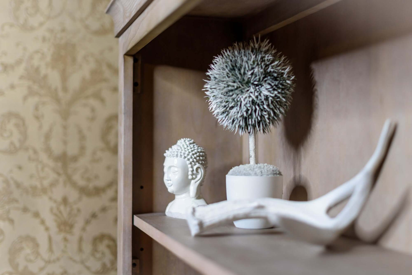 Cameo Hutch/Bookcase - Lifestyle Image of Product on Cameo Hutch/Bookcase Shelf Toast