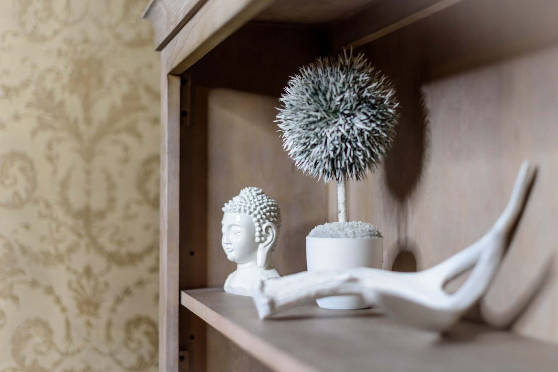 Cameo Hutch/Bookcase - Lifestyle Image of Product on Cameo Hutch/Bookcase Shelf Toast