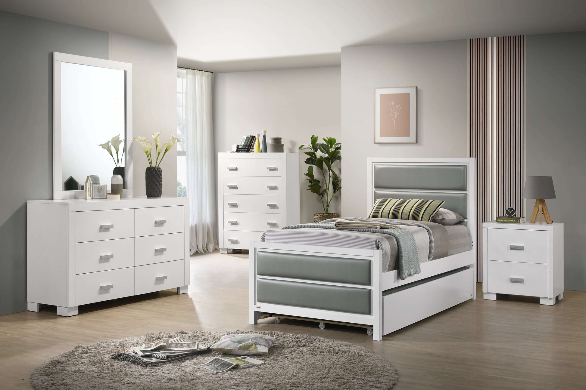 Teen Bed - Model 1947 - Lifestyle Image Inclined Side View of Teen Bed Model 1947 White with White Vinyl