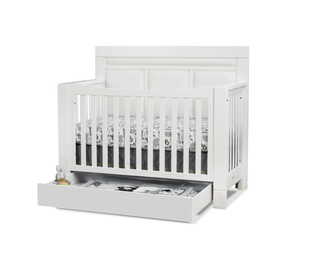 Crystal Convertible Crib - Inclined Side View of Crystal Convertible Crib Multi Tone Gray with Open Drawer