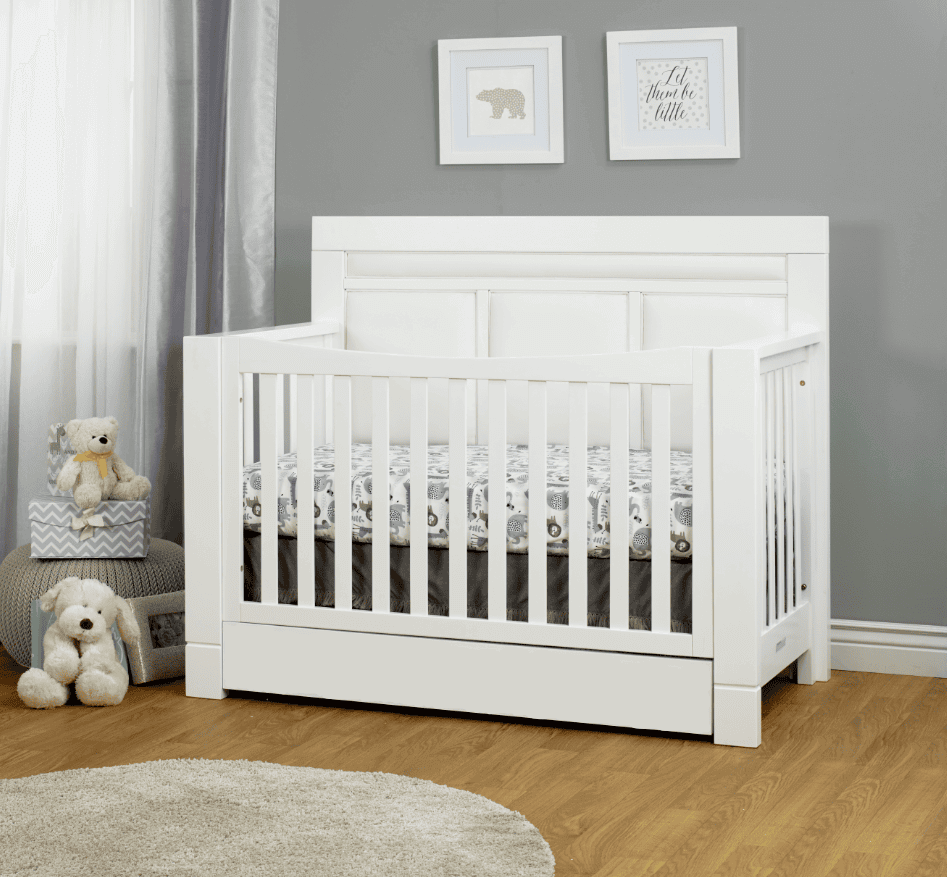 Crystal Convertible Crib - Lifestyle Image Inclined Side View of Crystal Convertible Crib White