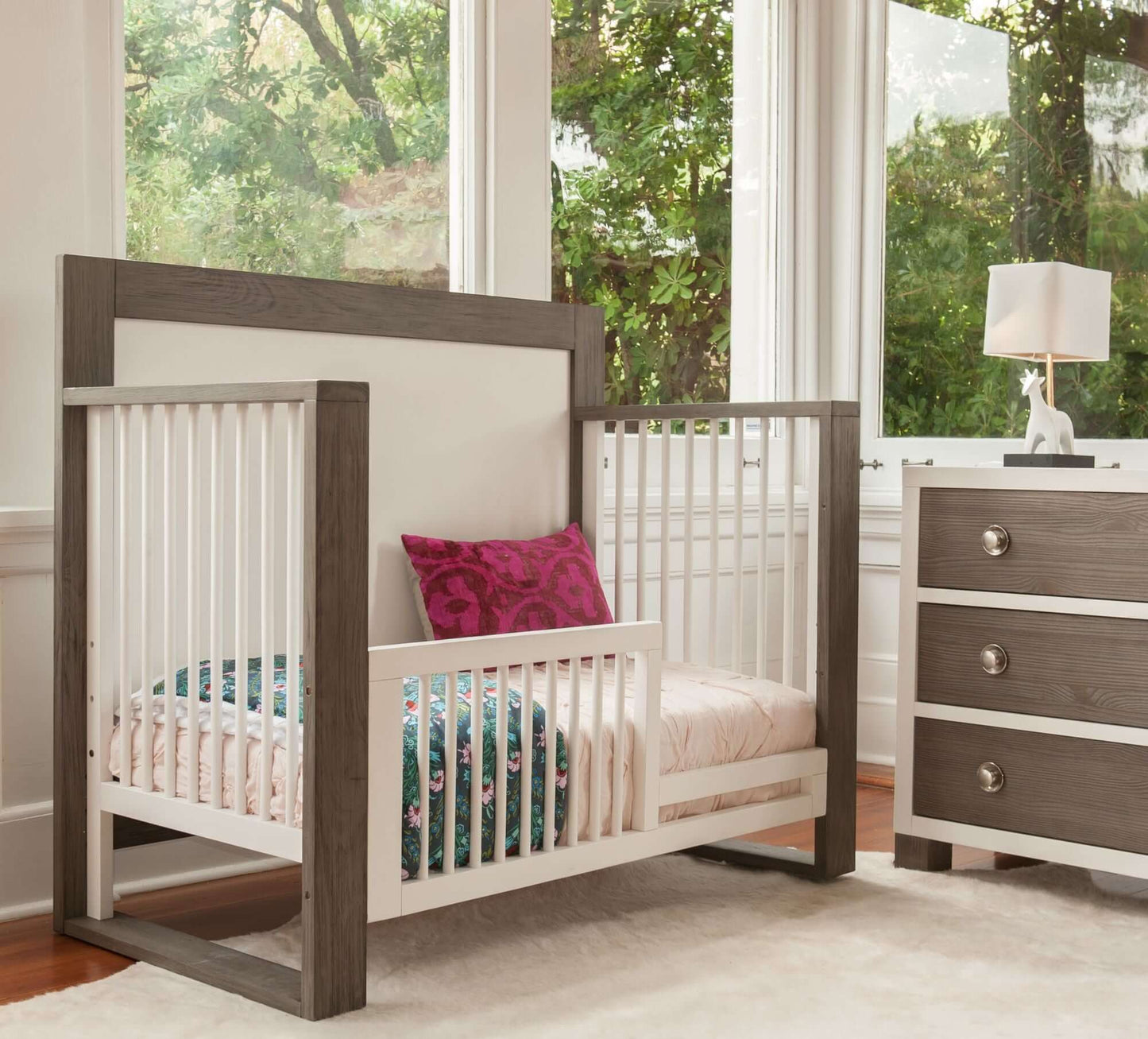 True 3 Drawer Dresser - Lifestyle Image of 3 Drawer Dresser Mud with Snow with Crib and Guard Rail