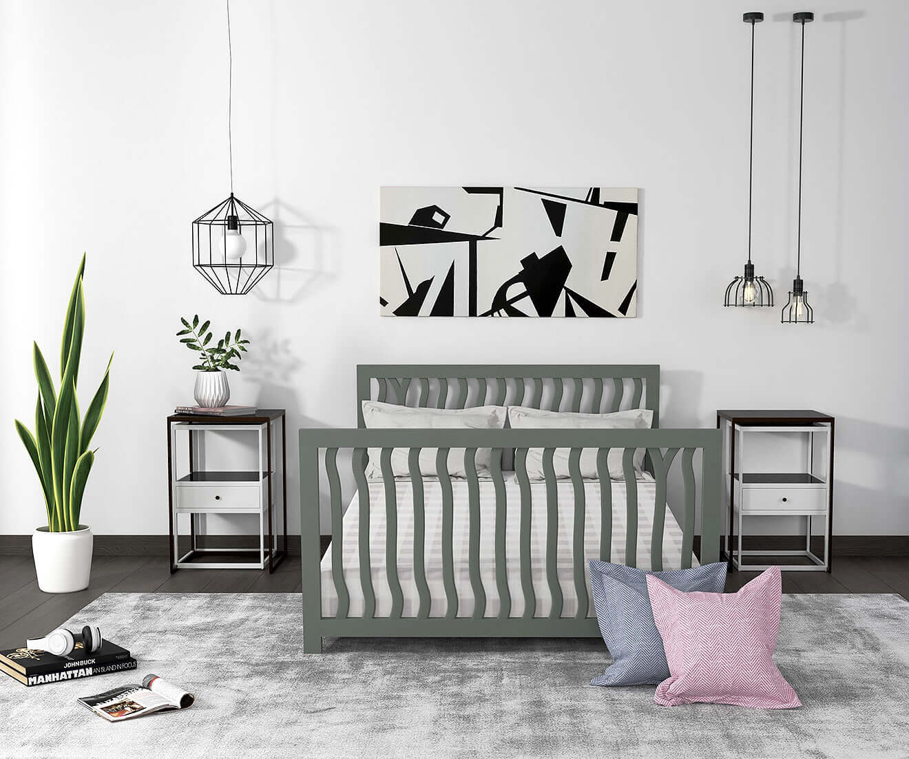 Branch 4 in 1 Convertible Crib - Lifestyle Image of Full Sized Bed Gray