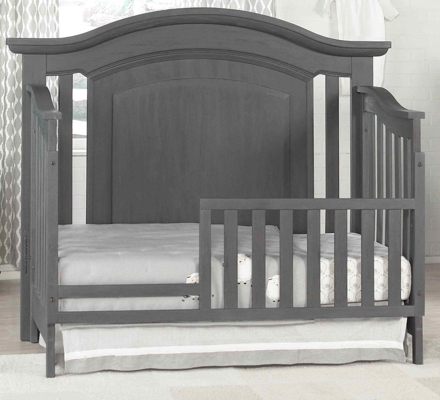 London Lane Guard Rail - Front View of London Lane Crib with Guard Rail Gray