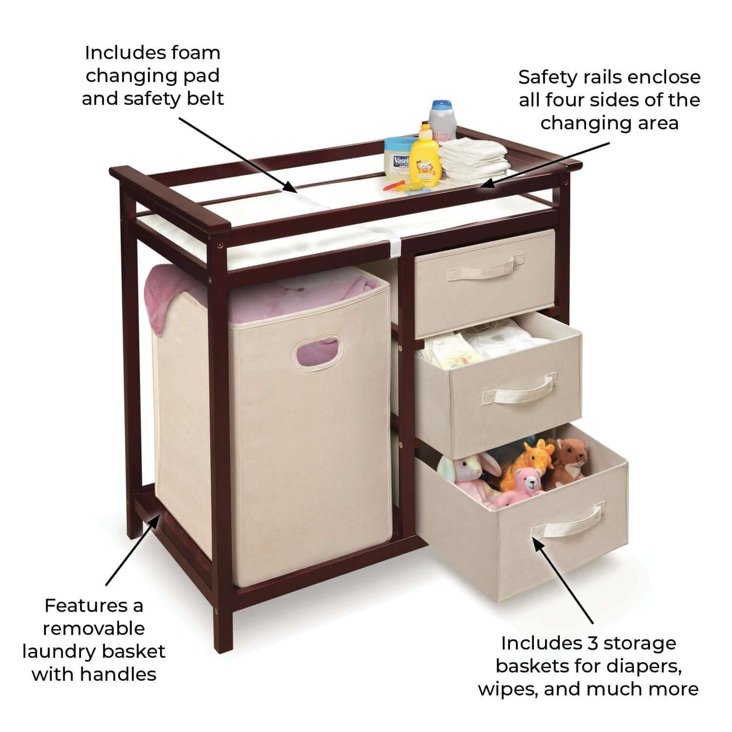 Modern Baby Changing Table with Hamper and 3 Baskets - Feature Image of Modern Baby Changing Table with Hamper and 3 Baskets Cherry