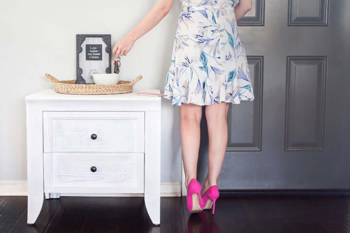 Cameo 2 Drawer Nightstand - Lifestyle Image Front View Cameo 2 Drawer Nightstand Steam in Respect To a Girl