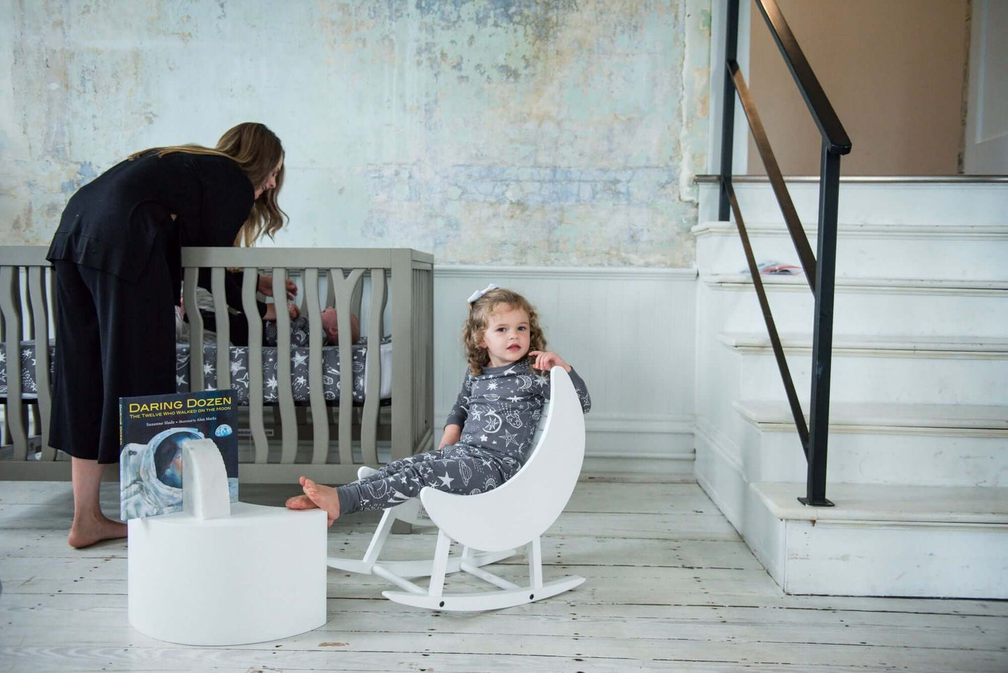 Branch 4 in 1 Convertible Crib - Lifestyle Image of 4 in 1 Convertible Crib Gray with Mother and Child