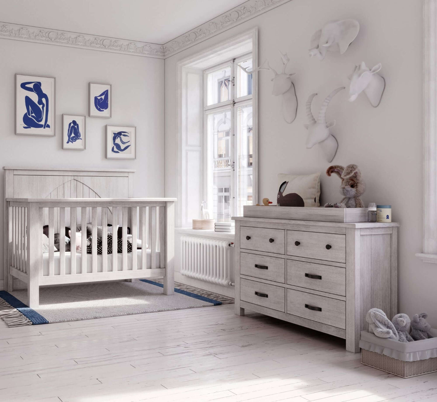 Relic 6 Drawer Dresser - Lifestyle Image Side View of 6 Drawer Dresser Cloud Beside Crib