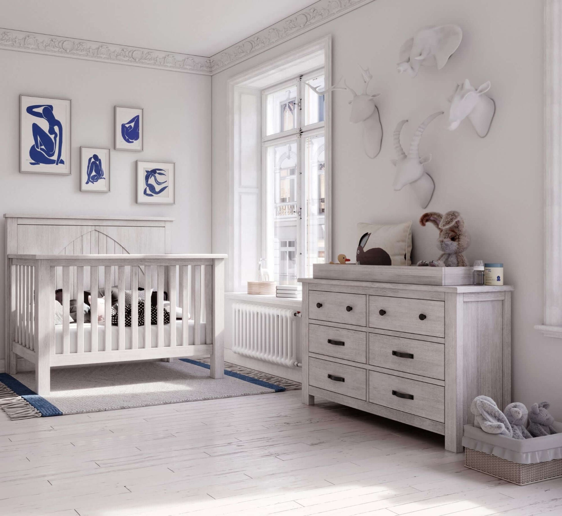 Relic 6 Drawer Dresser - Lifestyle Image Side View of 6 Drawer Dresser Cloud Beside Crib