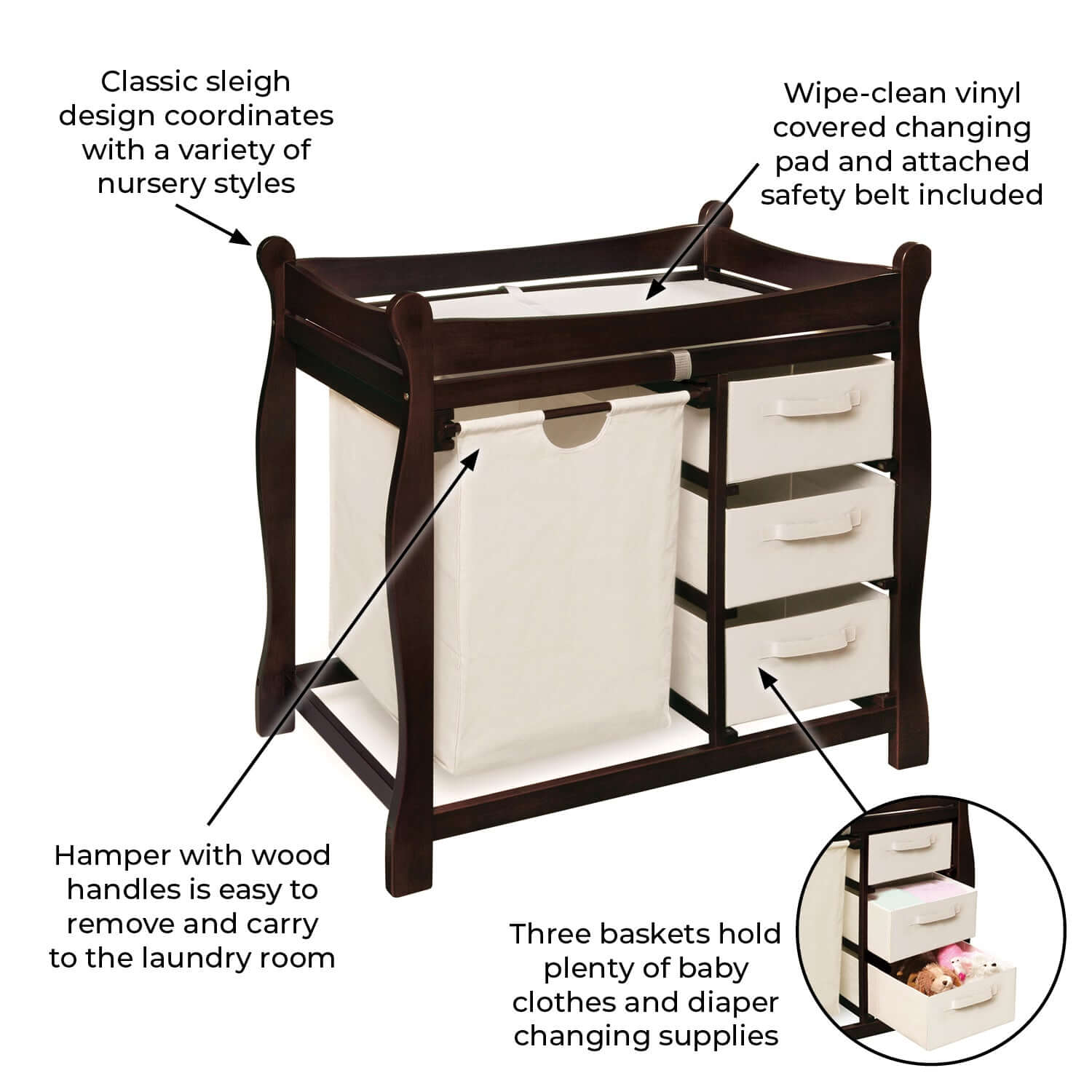 Sleigh Style Baby Changing Table with Hamper and 3 Baskets - Feature Image of Sleigh Style Baby Changing Table with Hamper and 3 Baskets Espresso