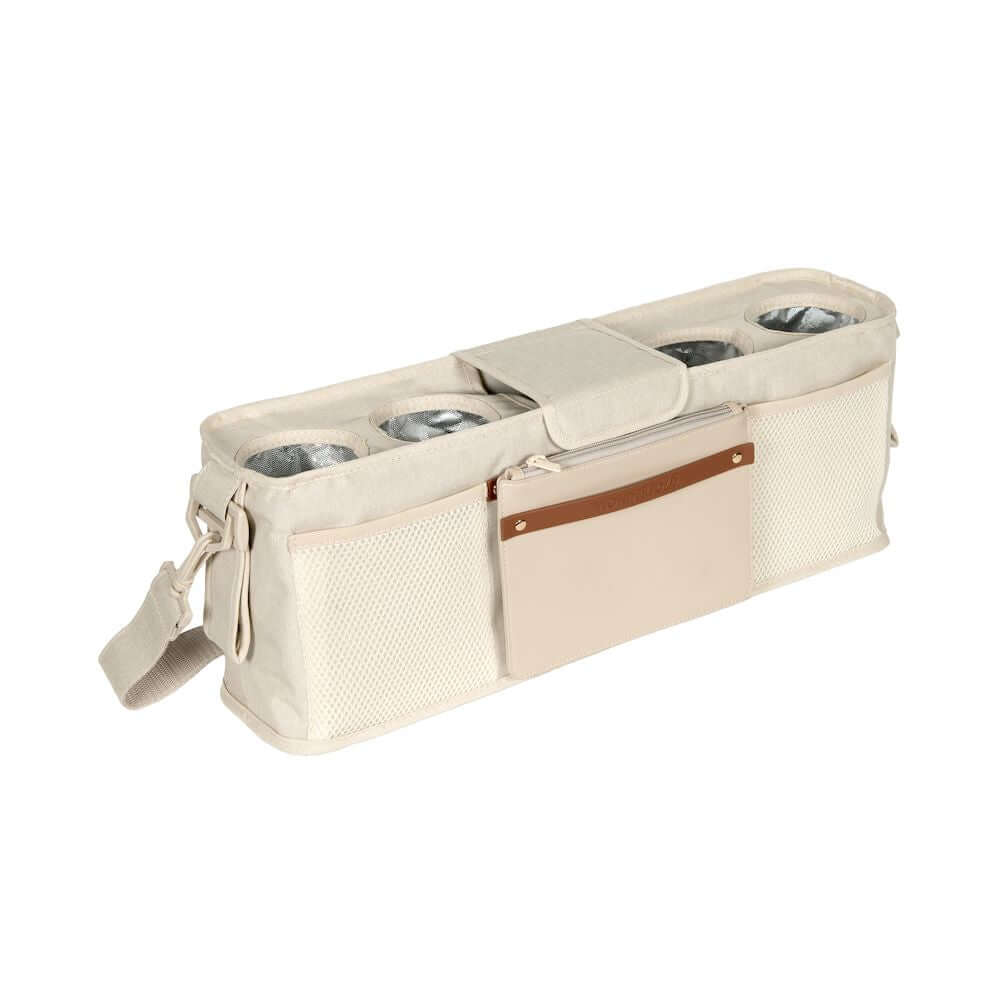 Parent Console Snack Activity Tray with 4 Cupholders - Inclined Side View of Parent Console with 4 Cup Holders Beige-1