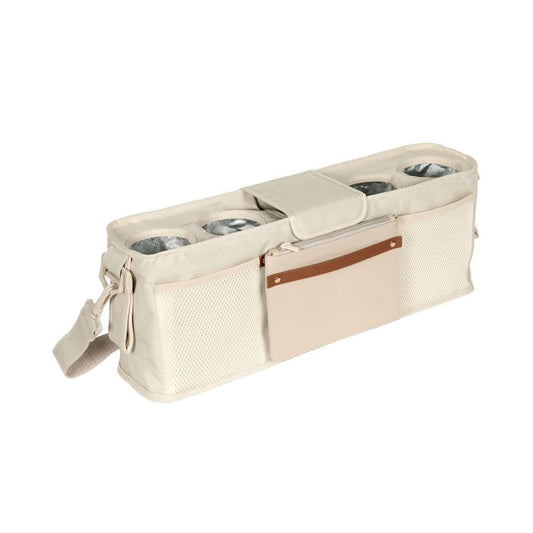 Parent Console Snack Activity Tray with 4 Cupholders - Inclined Side View of Parent Console with 4 Cup Holders Beige-1