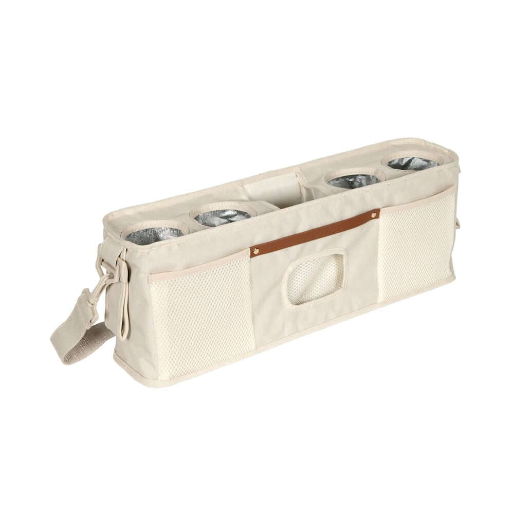 Parent Console Snack Activity Tray with 4 Cupholders - Inclined Side View of Parent Console with 4 Cup Holders Beige