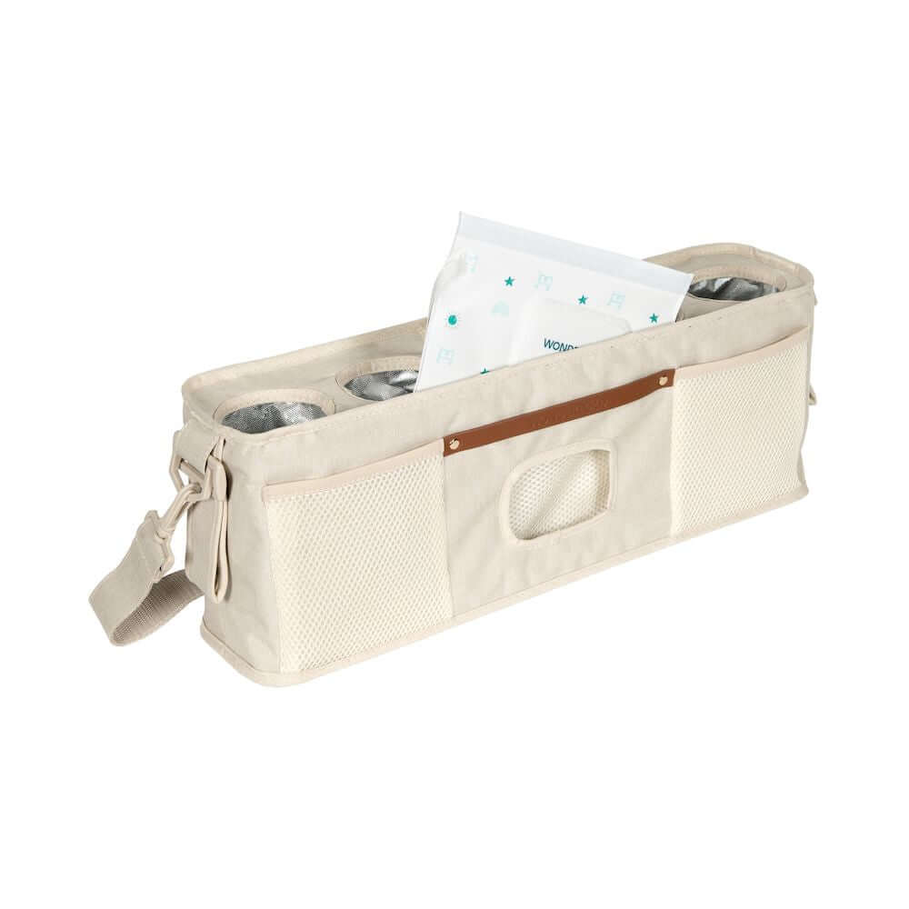 Parent Console Snack Activity Tray with 4 Cupholders - Front Inclined View of Parent Console with 4 Cup Holders Beige