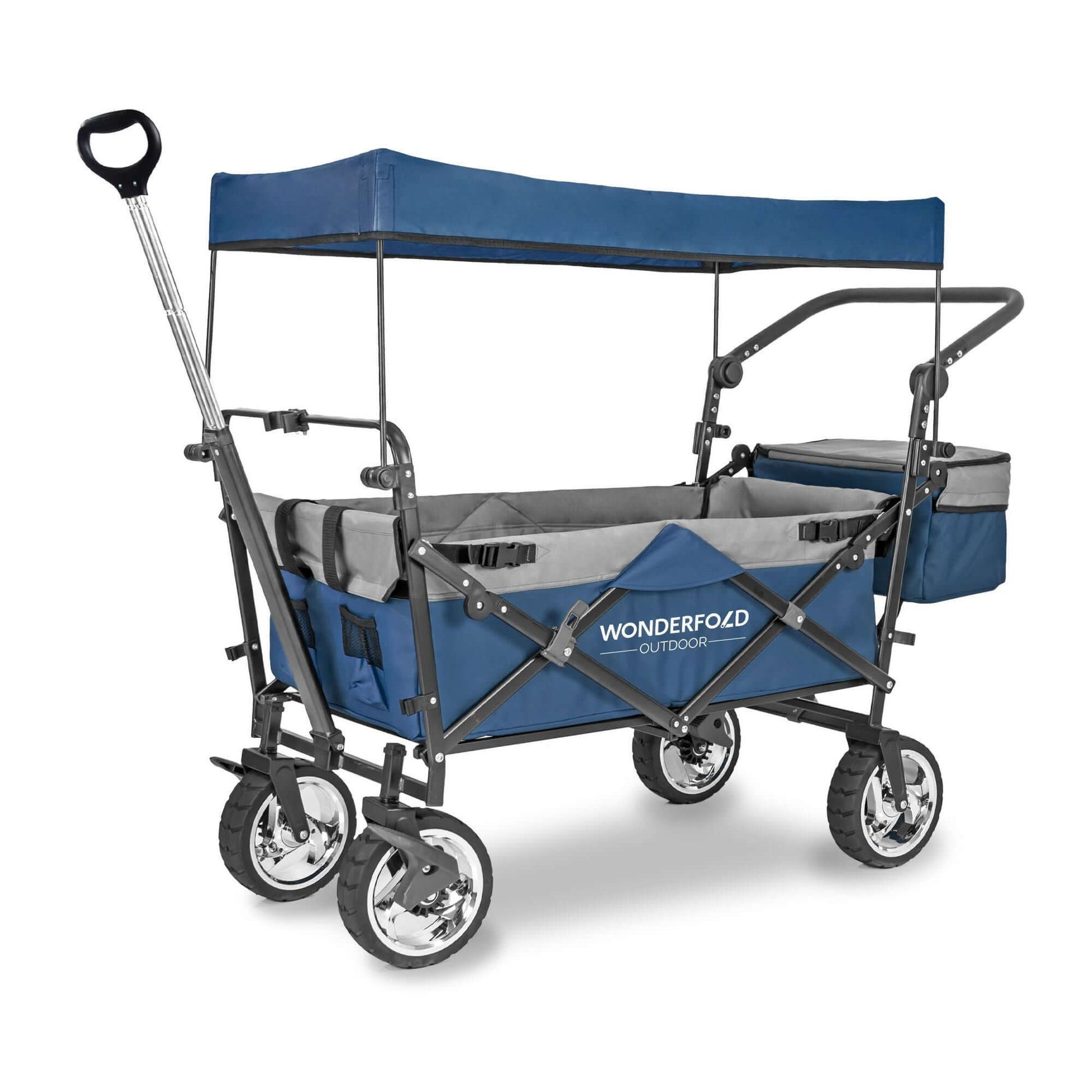 S4 Push and Pull Folding Wagon with Canopy & Brakes - Front Inclined View of The Wagon S4 Navy