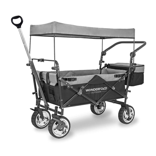 S4 Push and Pull Folding Wagon with Canopy & Brakes - Front Inclined View of The Wagon S4 Black