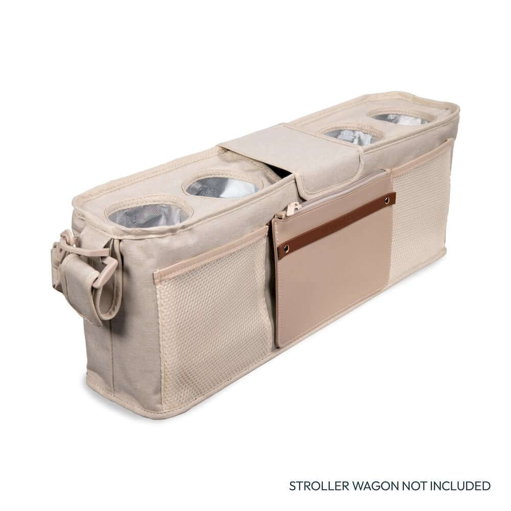 Parent Console Snack Activity Tray with 4 Cupholders - Side Inclined View of Parent Console with 4 Cup Holders Beige